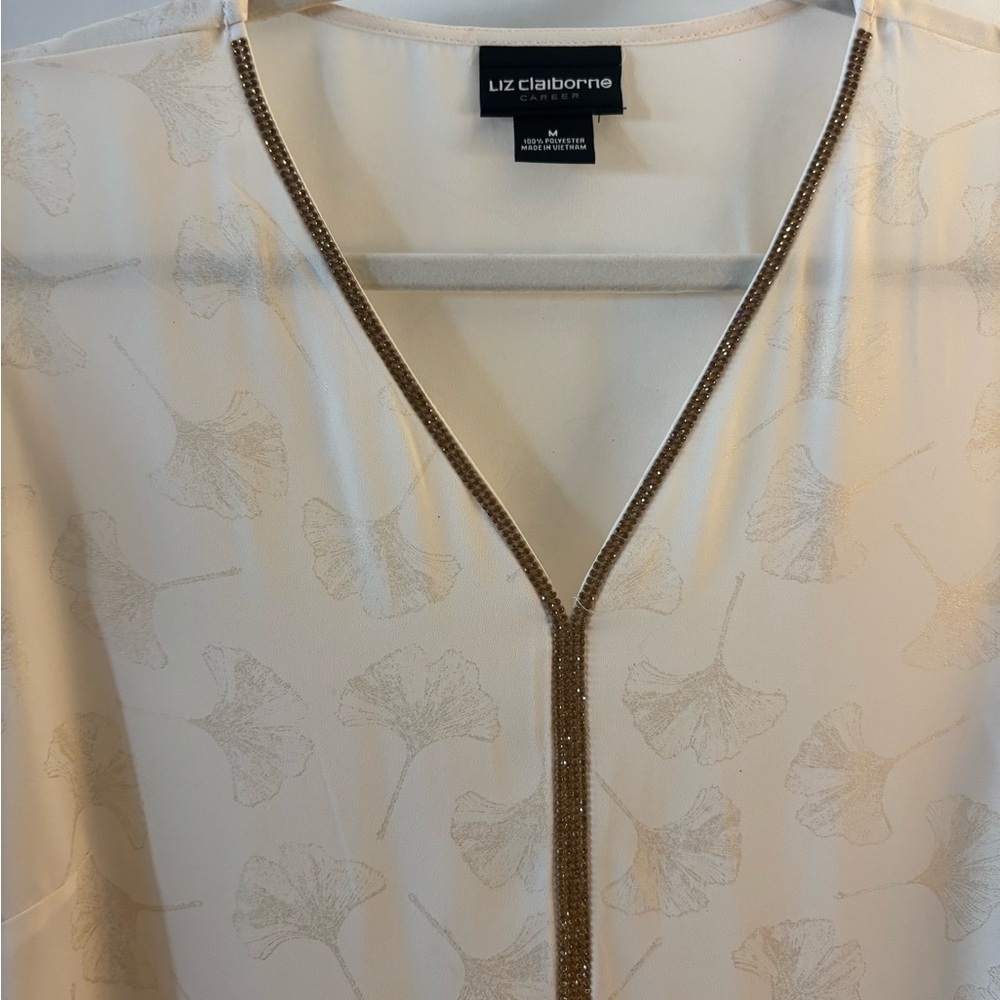 Liz Claiborne Cream Leaf pattern Rhinestone accent Women's Top sz M - Picture 5 of 6